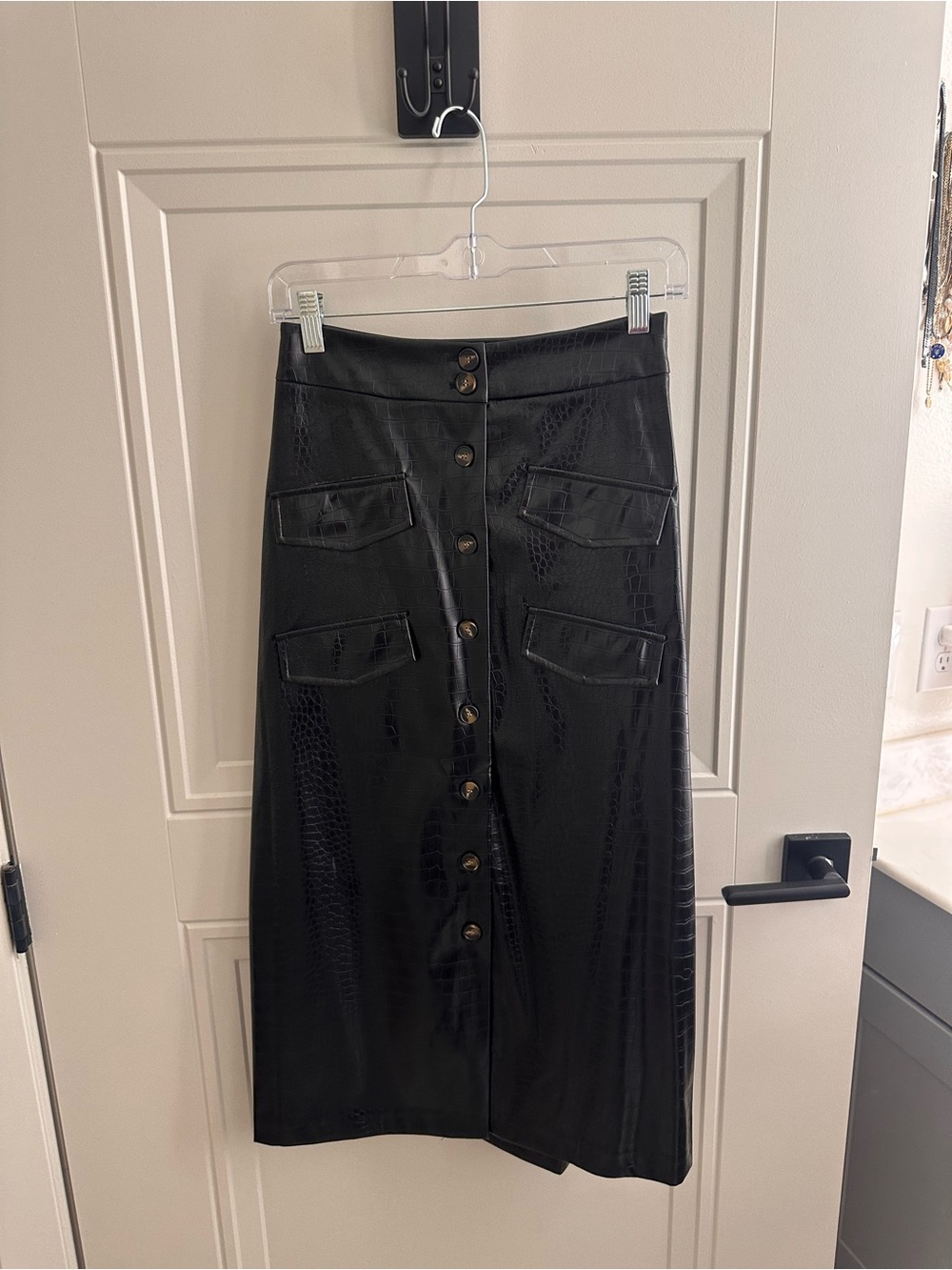 Anthropologie Black Faux Leather Button-Front Midi Skirt